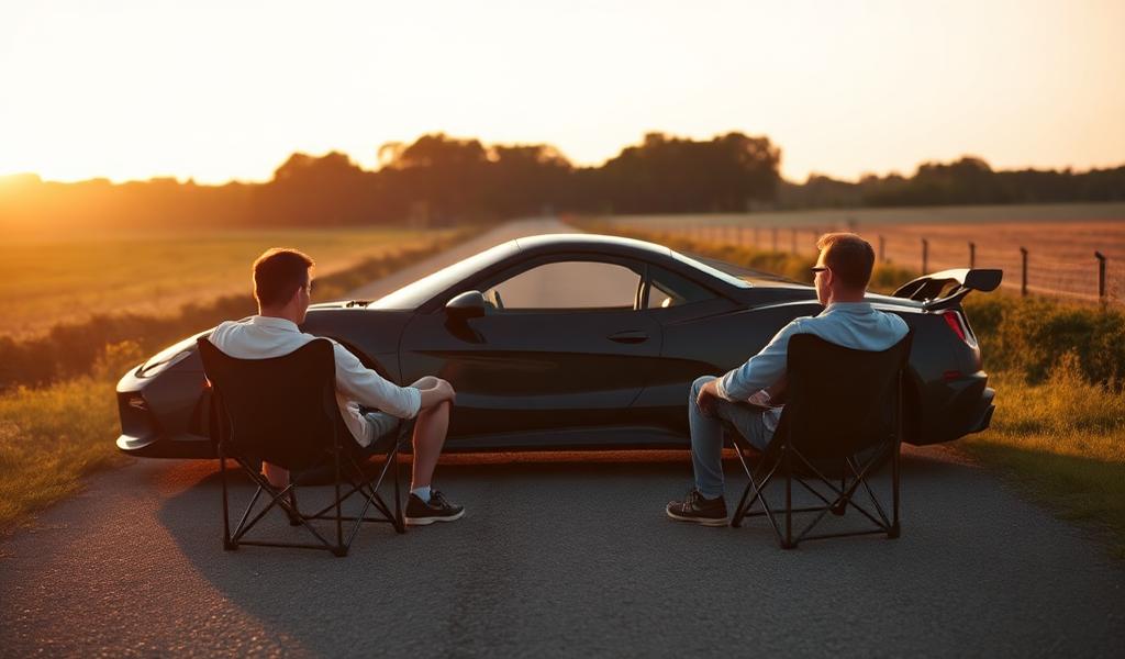 Two owners talking beside a supercar at sunset